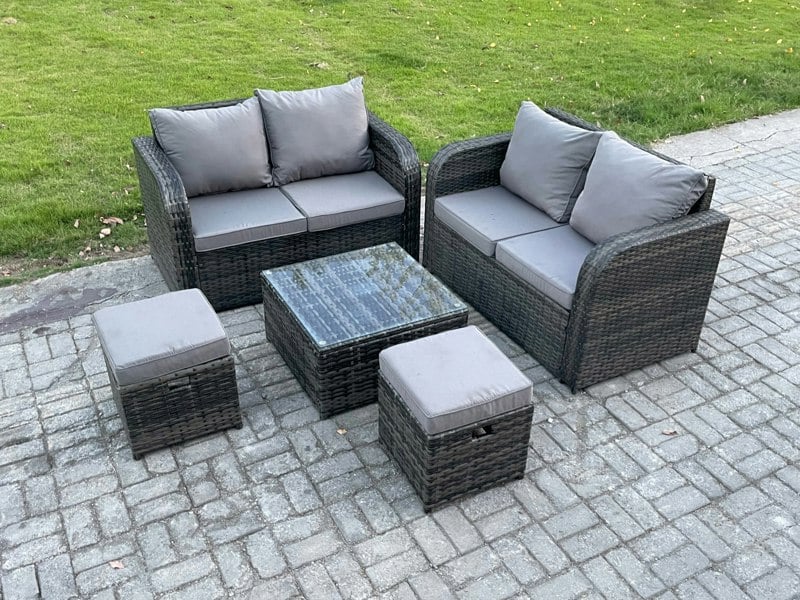 Fimous Rattan Sofa Set Outdoor Garden Furniture Set with Square Coffee Table Loveseat Sofa 2 Small Footstool Dark Grey Mixed