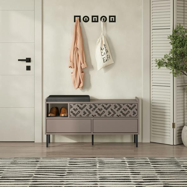 Decortie Heaton Shoe Bench w/ Fabric Cushion Seat 3-door Storage Cabinet 111(W)x37(D)x56.5(H)cm Metal Legs Hallway