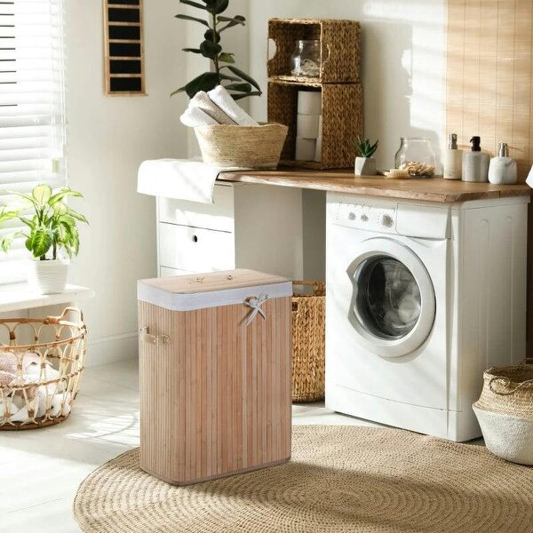 70L Collapsible Bamboo Laundry Hamper Organizer Clothes Washing Basket Bin Storage Box w/ Lid Removable Lining