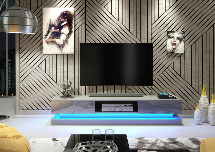 Mex Furniture 180cm Modern TV Unit with Grey High Gloss Doors & Free LED Lighting