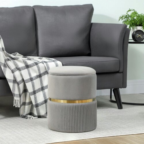 Wyld Haus Rivera Velvet Light Grey Ribbed Storage Ottoman Gold Accent