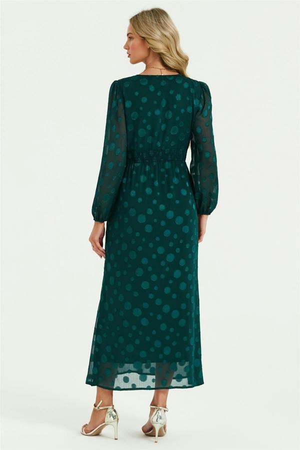 FS Collection Long Sleeve Dot Jacquard Lace Trim Maxi Dress In Green