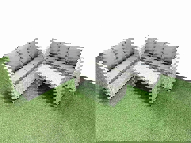 Fimous Outdoor Garden Furniture Sets 6 Seater Wicker Rattan Furniture Sofa Sets with Oblong Coffee Table high Back Lounge Sofa Light Grey