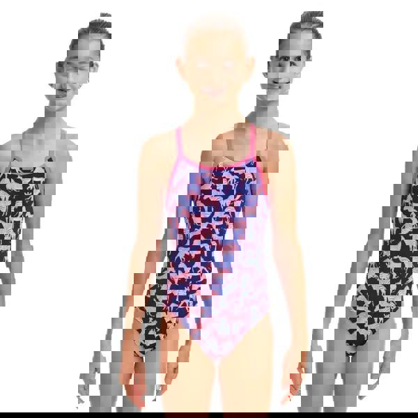 Funkita girls sweet stripes diamond back swimsuit in navy with pink horse pattern