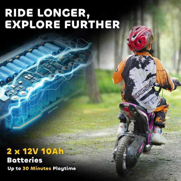 Pink and black kids electric motorbike with rider, rear suspension, and thick tread tires