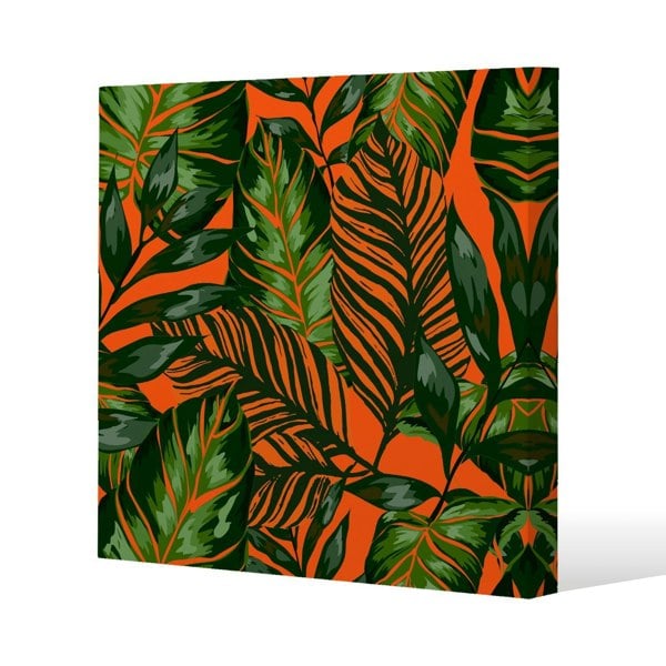 Benjamin Tate Design Green Tropical Leaves on Orange Slim Style Canvas Print  90x90cm , 15mm Slim Real wood.