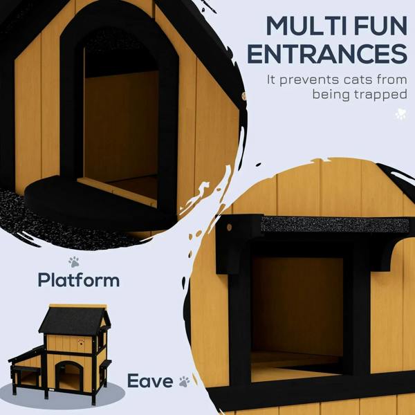 Wooden multi-entrance cat house with black platform steps and arched front doorway