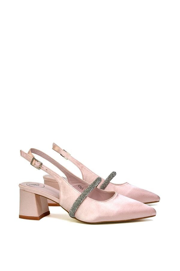 XY LONDON Slingback Strappy Pointed Toe Diamante Mid Block Heels