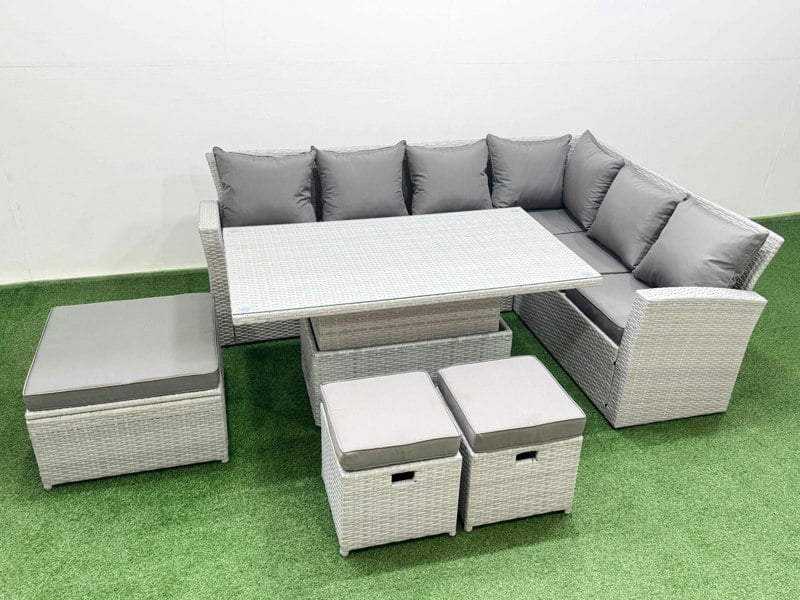 Fimous 9 Seat Rattan Garden Furniture Corner Sofa Set Outdoor Adjustable Lifting Dining or Coffee Table Set with Armchair 3 Footstools Light Grey