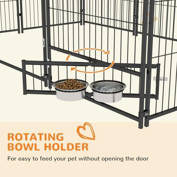 Outdoor dog kennel playpen with rotating bowl holder on black wire panels