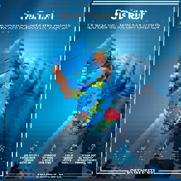 A blue water bottle, decorated with sea turtles, is held; its flip top opens one-handed. The background is a solid blue. "One Touch. Flip top opens one-handed with a simple click." Additional features are listed below.