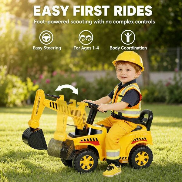 Kids Ride on Digger, Toddler Construction Toy Car with Security Helmet, Horn, Detachable Digging Arm