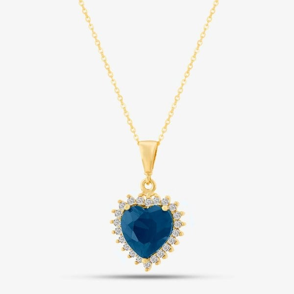 T. H. Baker 9ct Yellow Gold Blue Cubic Zirconia Heart Halo Pendant Necklace NBD026YSA TRACEY9-18