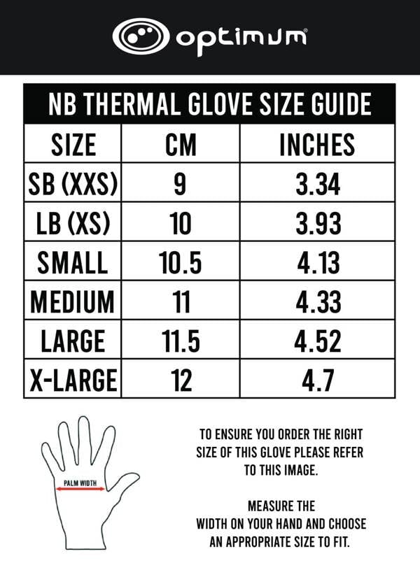 Optimum NB Thermal Glove size guide chart showing sizes in cm and inches on black - Optimum