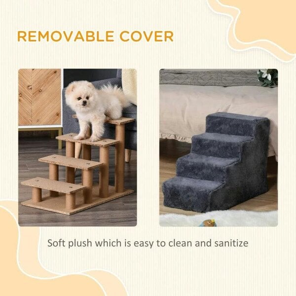 Four-Step Dog Stairs, with Washable Plush Cover, for High Bed Sofa, Dog Stairs for Small Dog and Cat - Dark Grey