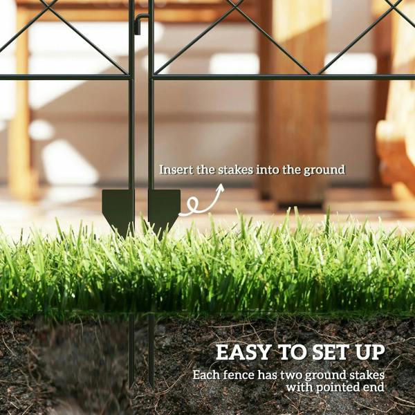 Black steel decorative outdoor picket fence panel set with two ground stakes, end posts.