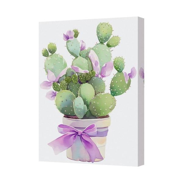 Benjamin Tate Design Cactus Bouquet Canvas Wall Art With Purple Bow Pot Decor