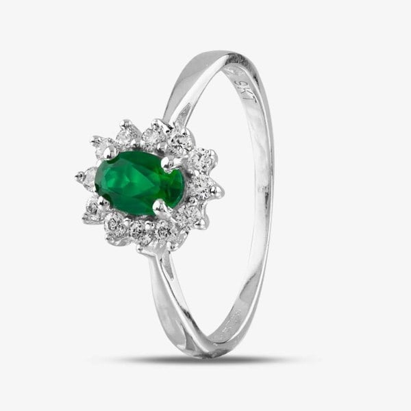 T. H. Baker 9ct White Gold Oval Cut Emerald & Cubic Zirconia Halo Ring D152306WG