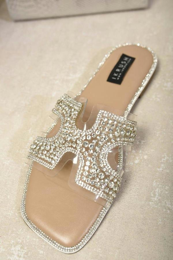Winnie Embellished Cut Out Strap Flat Sandals - Nude