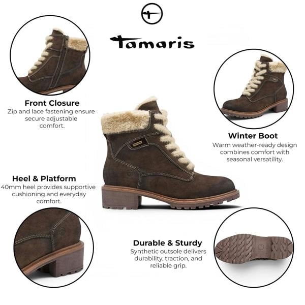 Tamaris Women’s Brown Warm Lace-Up Winter Outdoor Ankle Boots - 26266-43
