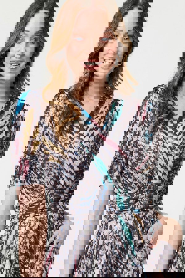 Beige | Printed Faux Wrap Front Jersey Midi Dress
