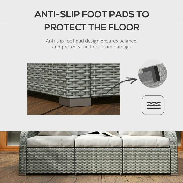 Light grey rattan outdoor set base with anti-slip foot pads and removable cushion covers