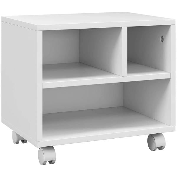 White printer cabinet with three open compartments and caster wheels for easy storage