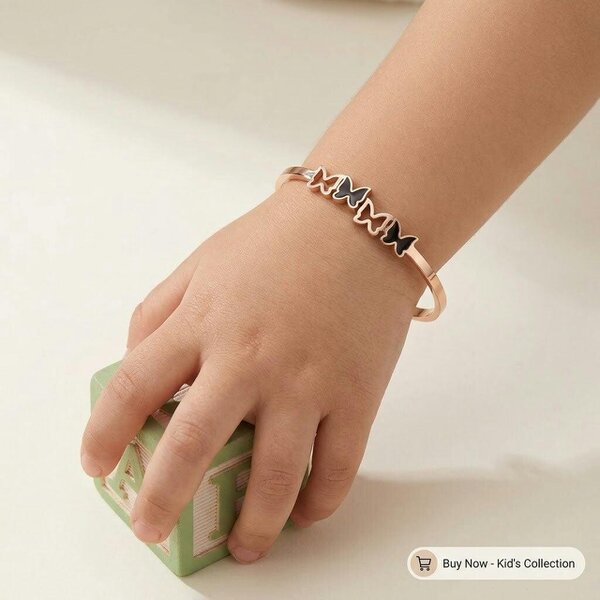 The Colourful Aura Kids Rose Gold Black Butterfly Charm Non-Tarnish Bangle Bracelet