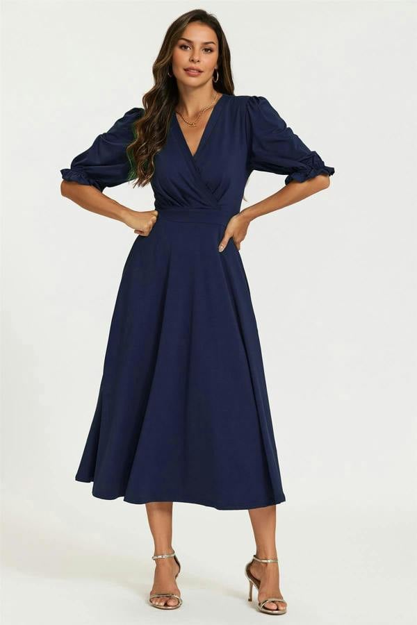 FS Collection Half Sleeves Jersey Midi Dress with Wrap Neckline In Navy