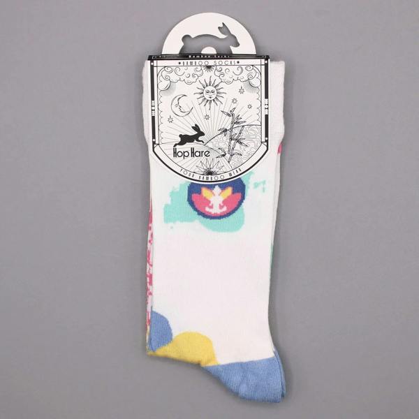 Single light gray sock with colorful round graphic and pink mandala-style print