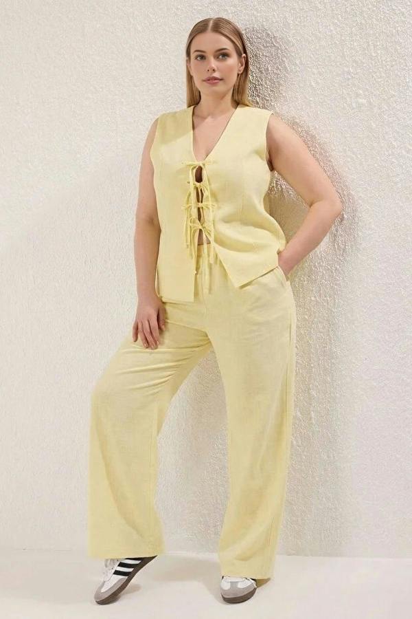 WOVCOR 2- Piece Wide Leg Linen Look Top and Bottom Set with Drawstring Front
