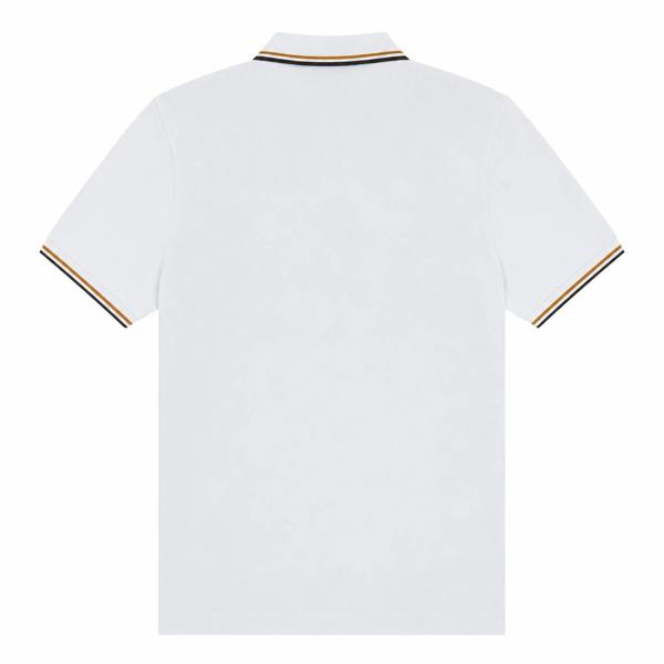 White Fred Perry polo shirt with dusky blue, dark caramel, and night green twin tipping on collar and sleeves.