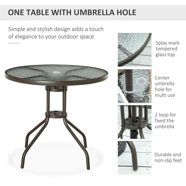 Round tempered glass table with center umbrella hole and sturdy metal pedestal base