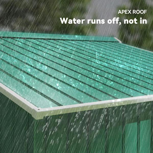 Green metal garden shed roof with rain runoff channel and white trim detail