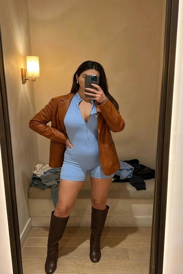 Milena Rib Knit Zip Front Short Sleeve Playsuit - Sky Blue