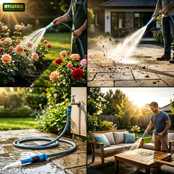 My Garden Outdoor Living Hose Pipe Anti Kink Hosepipe Inc 4 Connectors - 11.3mm Dia - Durable Triple Layer Water Hose with Spray Nozzle