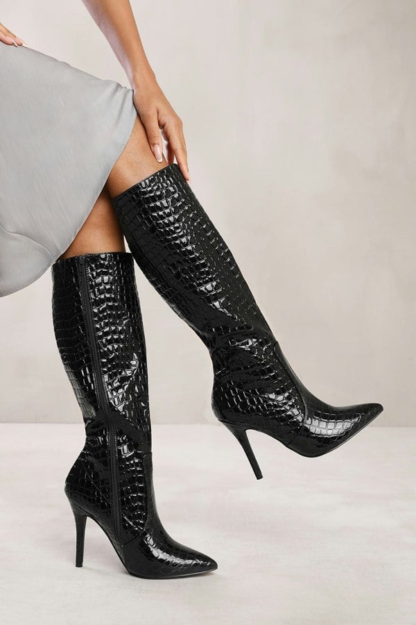 Where's That From Remi High Heel Calf Boot in Black Croco Patent