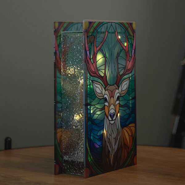 Samuel Alexander 21cm Battery Operated Light up Stained Glass Christmas Decoration with Stag Scene & Warm White LEDs