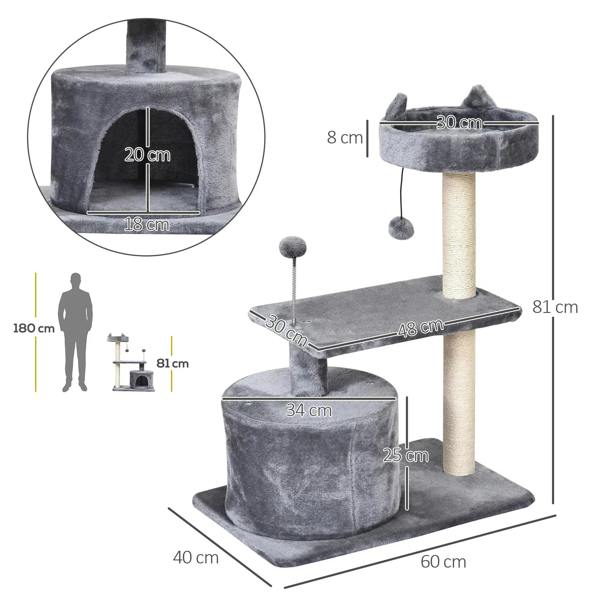 Grey cat tree tower with stacked platforms and enclosed condo; height and size labels shown