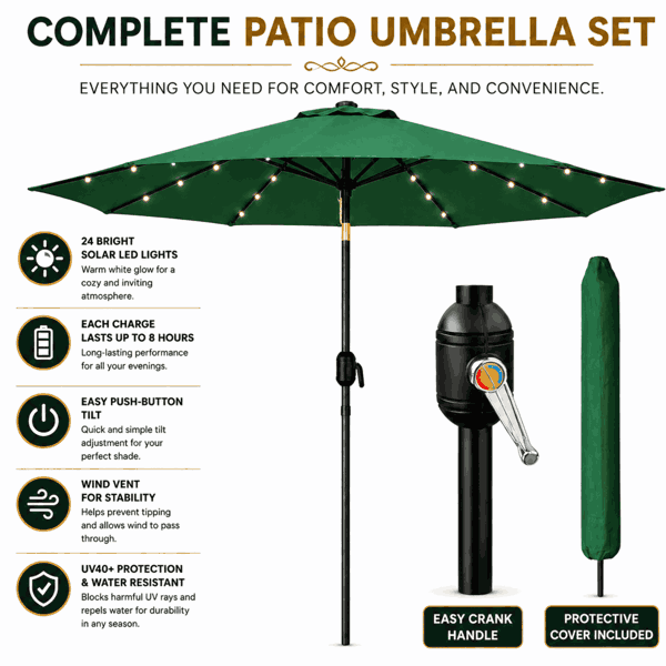 GlamHaus Garden Parasol Solar LED 2.7M ,Tilting Table Umbrella with Crank Handle, Protection UV40, Includes Parasol Cover- Green