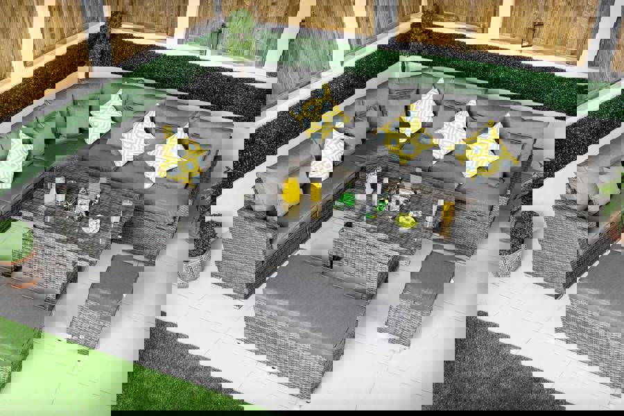 Giardino Santorini 6 Seat Modular Corner Sofa Rattan Garden Furniture Set Outdoor Adjustable Drinks Cooler Coffee Table & Bench