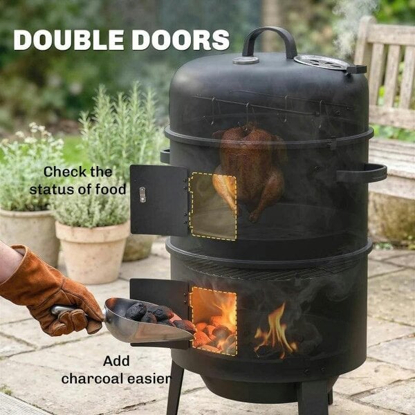 3-in-1 Vertical Charcoal Smoker with 2 Grill Grates, Built-in Thermometer, Adjustable Vent, 2 Doors