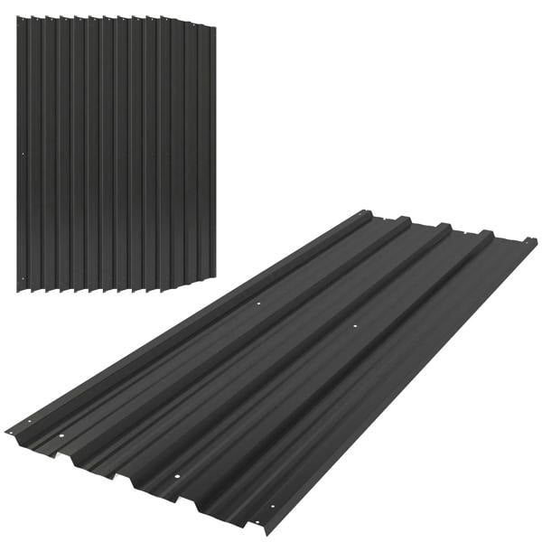 Set of 12 black corrugated steel roof sheet panels, ridged metal sheets