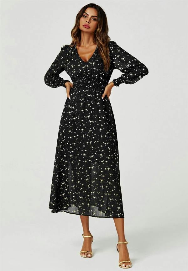FS Collection Gold Star Foil Long Sleeve Maxi Dress In Black