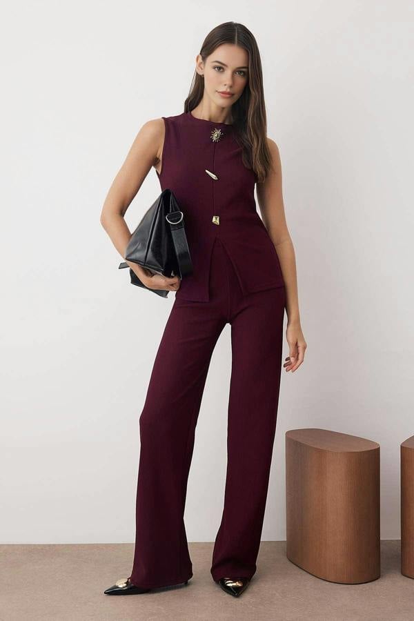 WOVCOR 2-Piece Button Accessory Sleeveless Top & Regular Fit Knit Pants Set