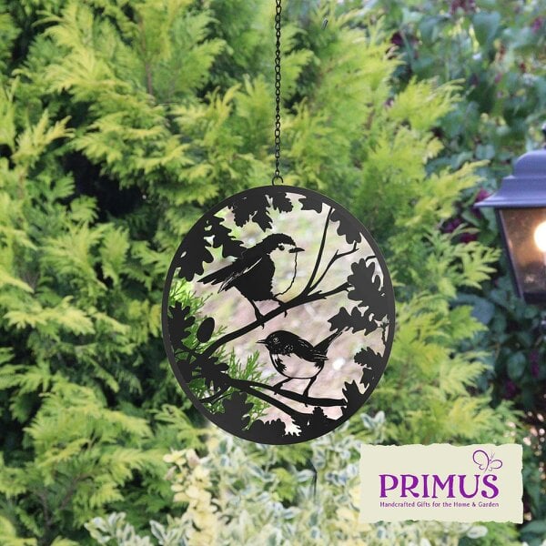 EDH Door Hardware Black Robin and Wren Hanging Mirror Silhouette, Bird Wall Art for Home & Garden Décor