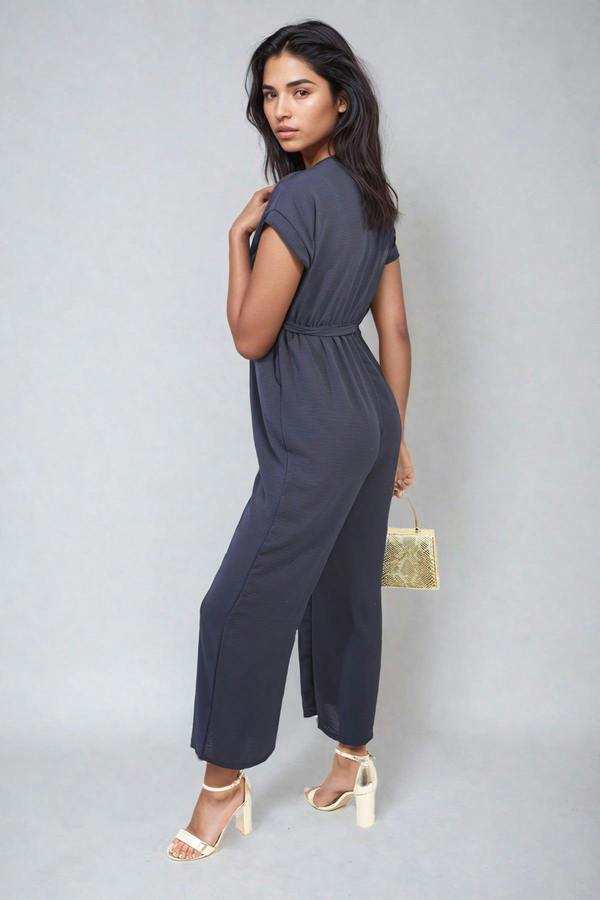 Alessandra Belted V Neck Jumpsuit With Side Pockets - Navy
