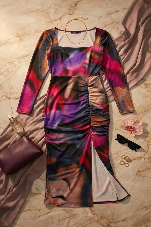 Hana Abstract Printed Long Sleeve Ruched Side Slit Midi Dress - Fuschia