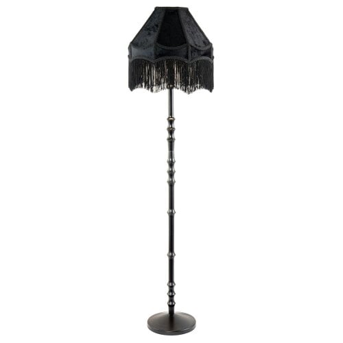 Happy Homewares Classic Black Ash Wooden Floor Lamp with Velvet Victorian Style Shade