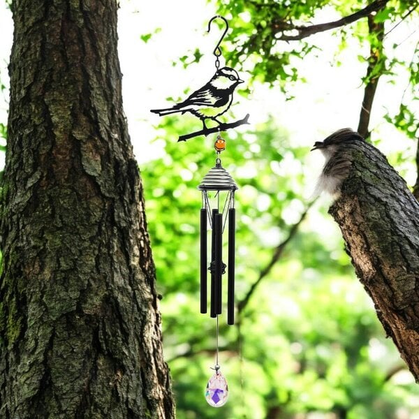 EDH Door Hardware Silhouette Blue Tit Wind Chime – Black, 58cm x 14cm x 6cm | Elegant Hanging Bird Chime for Garden, Patio & Home |  Outdoor Décor